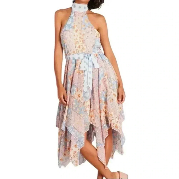 Floral Patchwork Halter Dress with High Neck and Handkerchief Hem UK Size‎ 12 - Picture 1 of 5